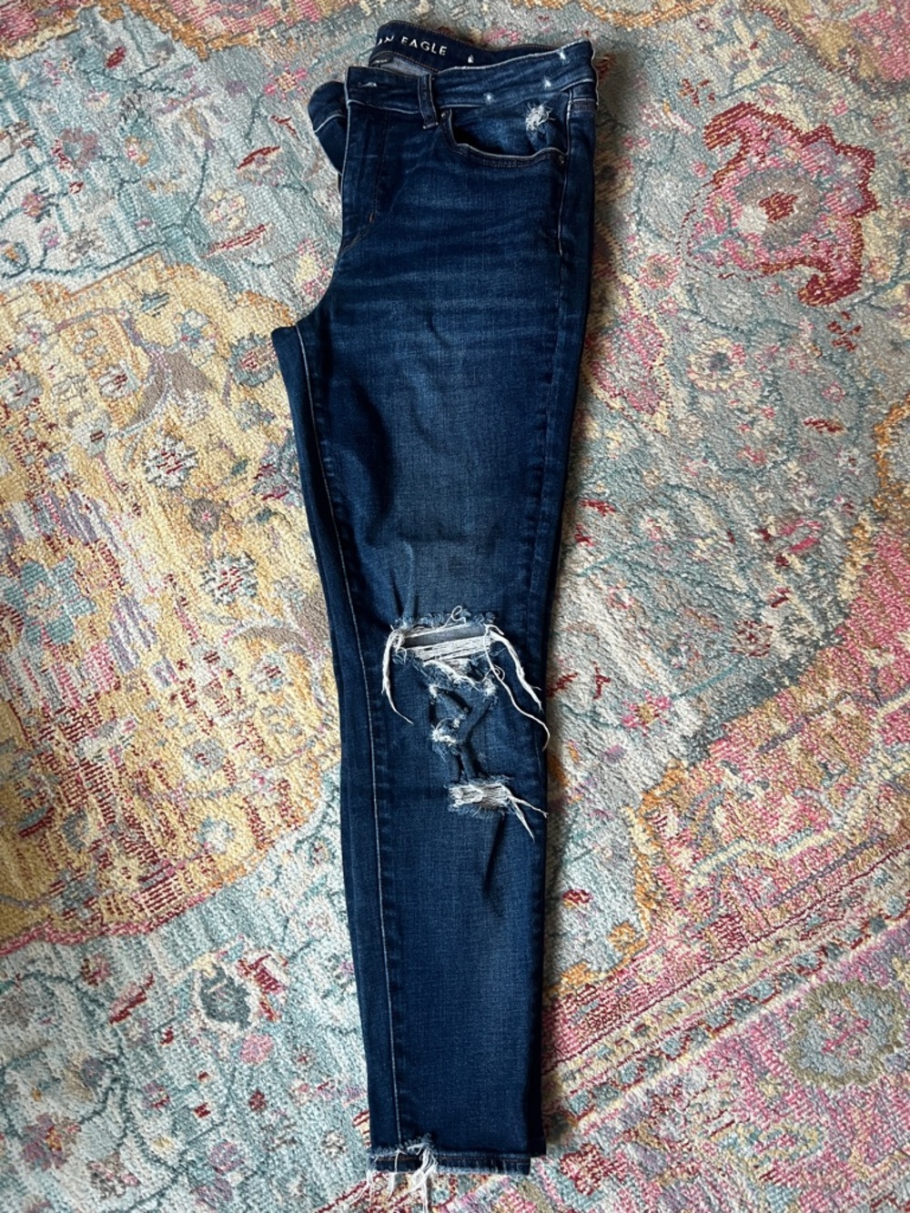 American Eagle Outfitters Dark Blue Skinny Jeans with Distressed Back Pocket - Picture 2 of 3